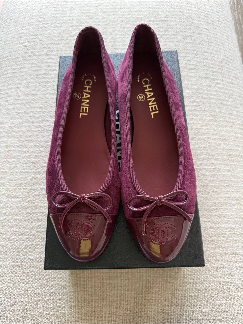 CHANEL Burgundy Suede and Patent Cap-Toe Ballet Flats STORE FRESH